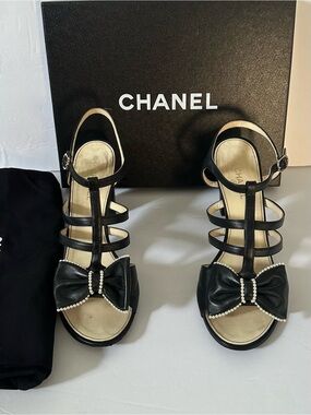 CHANEL Black Pearl-Trim Bow Strappy Heels